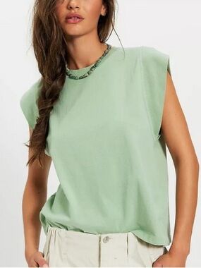 NWT Free People We The Free Better Muscle Tank Green Medium Cotton Boxy Tee